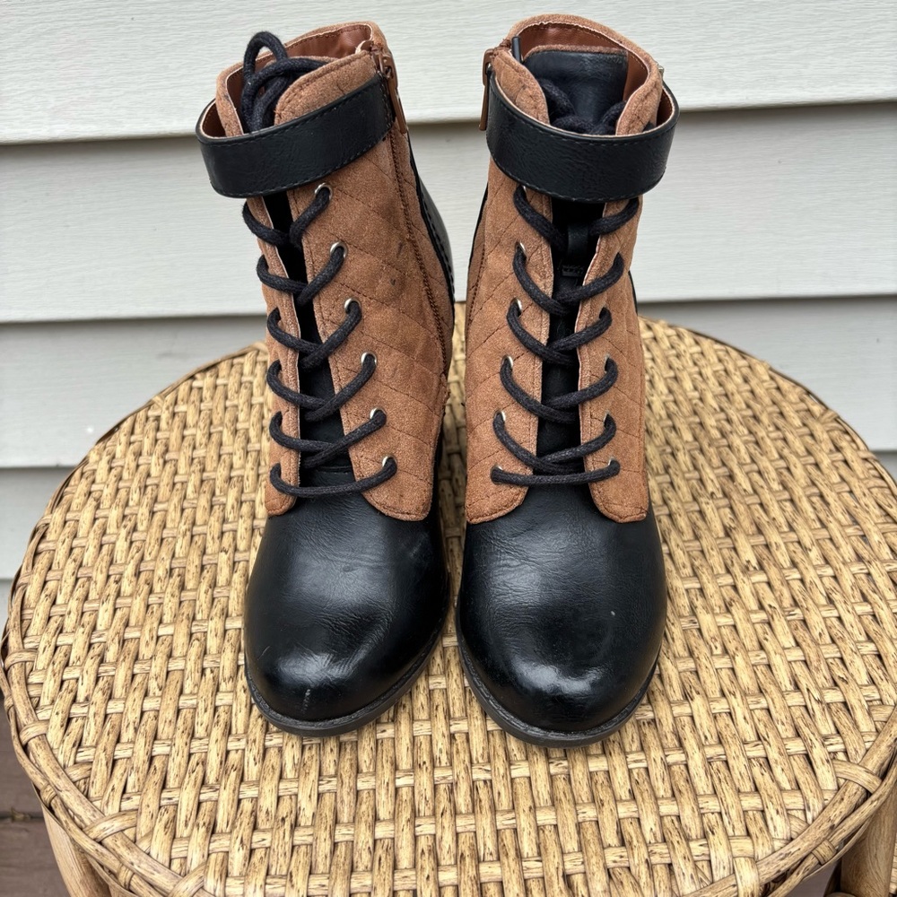 Call It Spring Black and Tan Lace Up Boots. See pic 5 for small flaw. Size 6.5